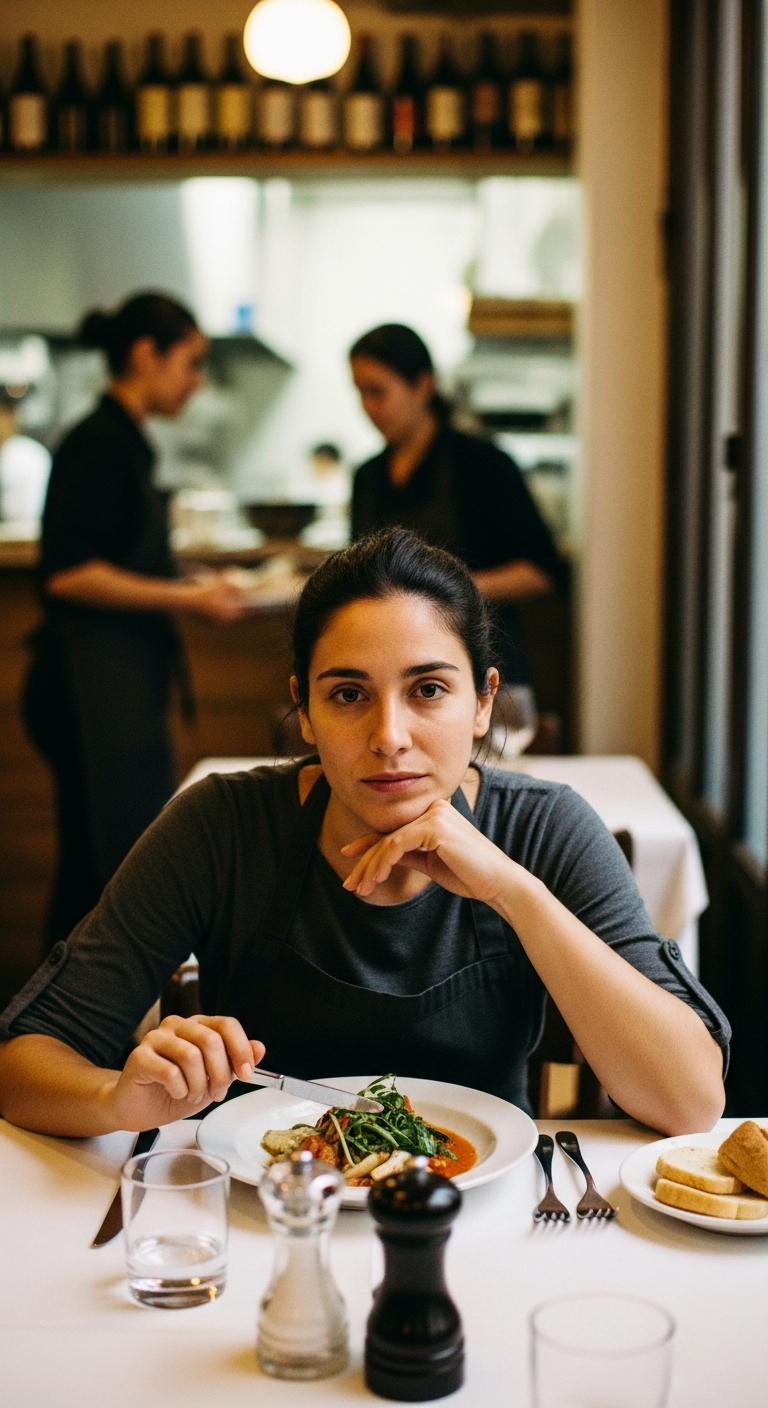 Dueña sentada a comer en su restorán